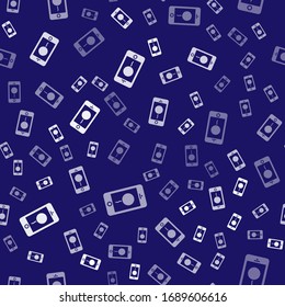 White Mobile phone with birthday message icon isolated seamless pattern on blue background.  Vector Illustration