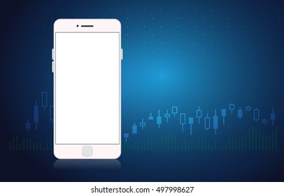 White mobile phone blank screen on stock market concept background blue theme. Ideal for mock up and other.