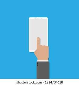 White mobile phone with blue background. Hand click. Vector icon illustration. Flat design