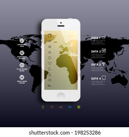 White Mobile Phone with Blurred Background and World Map. Flat Design Icons. Vector.
