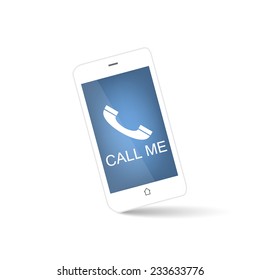 White mobile phone with call me symbol on a clean background 