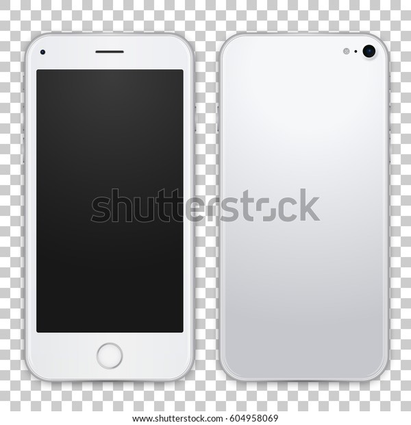 透明な背景に白い携帯電話のコンセプト 正面図と背面 影付き カメラ 電源 音量ボタンとスマートフォン ベクター画像のリアルな詳細イラスト のベクター画像素材 ロイヤリティフリー