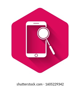 White Mobile phone diagnostics icon isolated with long shadow. Adjusting app, service, setting options, maintenance, repair, fixing. Pink hexagon button. Vector Illustration