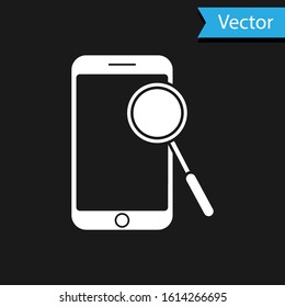 White Mobile phone diagnostics icon isolated on black background. Adjusting app, service, setting options, maintenance, repair, fixing.  Vector Illustration