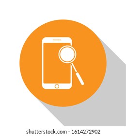 White Mobile phone diagnostics icon isolated on white background. Adjusting app, service, setting options, maintenance, repair, fixing. Orange circle button. Vector Illustration