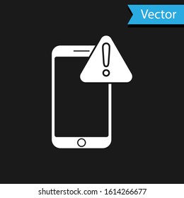 White Mobile phone with exclamation mark icon isolated on black background. Alert message smartphone notification.  Vector Illustration