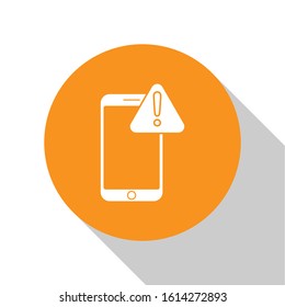 White Mobile phone with exclamation mark icon isolated on white background. Alert message smartphone notification. Orange circle button. Vector Illustration