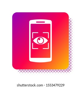 White Mobile phone and eye scan icon isolated on white background. Scanning eye. Security check symbol. Cyber eye sign. Square color button. Vector Illustration