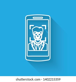 White Mobile phone and face recognition line icon isolated with long shadow. Face identification scanner icon. Facial id. Cyber security concept. Vector Illustration