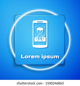 White Mobile phone and face recognition icon isolated on blue background. Face identification scanner icon. Facial id. Cyber security. Blue square button. Vector Illustration