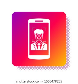 White Mobile phone and face recognition icon isolated on white background. Face identification scanner icon. Facial id. Cyber security. Square color button. Vector Illustration
