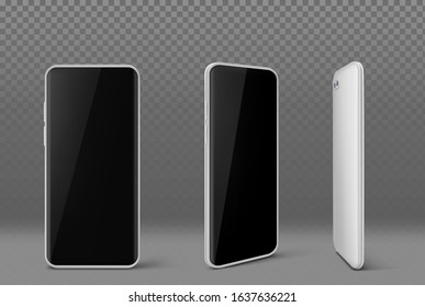 White mobile phone front and angle view isolated on transparent background. Vector realistic mockup of smartphone with black screen and white case. Modern design of digital device