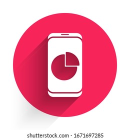 White Mobile phone with graph chart icon isolated with long shadow. Report text file. Accounting sign. Audit, analysis, planning. Red circle button. Vector Illustration