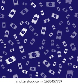 White Mobile phone with graph chart icon isolated seamless pattern on blue background. Report text file. Accounting sign. Audit, analysis, planning.  Vector Illustration