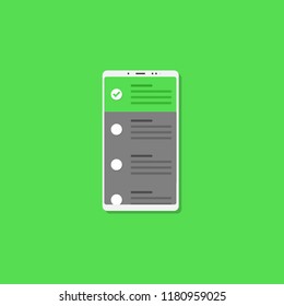 White mobile phone with green background. Online form survey. Vector flat design