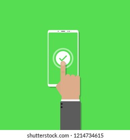 White mobile phone with green background. Online form survey. Hand click Ok. Vector flat design