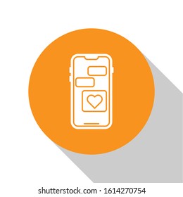 White Mobile phone with heart icon isolated on white background. Valentines day. Orange circle button. Vector Illustration