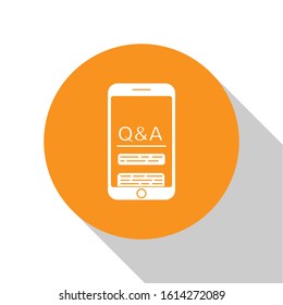 White Mobile phone with Question and Exclamation icon isolated on white background. Frequently asked questions. Orange circle button. Vector Illustration