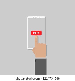White mobile phone with red background. Online form survey. Hand click Buy. Vector flat design