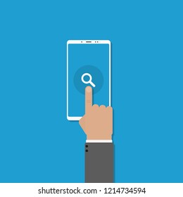 White mobile phone with red background. Online form survey. Hand click Search. Vector flat design