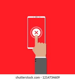 White mobile phone with red background. Online form survey. Hand click No. Vector flat design