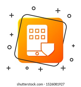 White Mobile phone with shield icon isolated on white background. Smartphone insurance. Security, safety, protection, protect concept. Orange square button. Vector Illustration