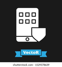 White Mobile phone with shield icon isolated on black background. Smartphone insurance. Security, safety, protection, protect concept.  Vector Illustration