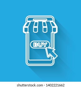 White Mobile phone and shopping cart with striped awning line icon isolated with long shadow. Online buying symbol. Supermarket basket symbol. Vector Illustration White Mobile phone and shopping cart with striped awning line icon isolated with long shadow. Online buying symbol. Supermarket basket symbol. Vector Illustration