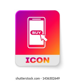 White Mobile phone and shopping cart icon isolated on white background. Online buying symbol. Supermarket basket symbol. Rectangle color button. Vector Illustration White Mobile phone and shopping cart icon isolated on white background. Online buying symbol. Supermarket basket symbol. Rectangle color button. Vector Illustration