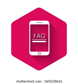 White Mobile phone with text FAQ information icon isolated with long shadow. Frequently asked questions. Pink hexagon button. Vector Illustration