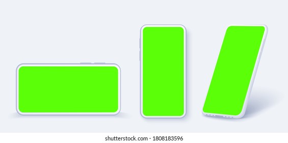 White mobile phone top view, side view and rotated position. Smartphone with a green screen for easy editing. White smartphone mockup. Empty silhouette cellphone. Vector illustration