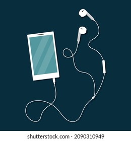 Teléfono móvil blanco con auriculares con cable. Ilustración vectorial al estilo de las caricaturas planas.