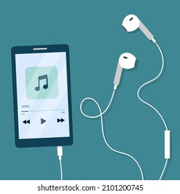 White mobile phone with wired headphones. Phone screen with open media player. Smartphone music player user interface concept. Vector illustration in flat cartoon style.