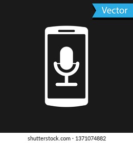 White Mobile recording icon isolated on black background. Mobile phone with microphone. Voice recorder app smartphone interface. Vector Illustration