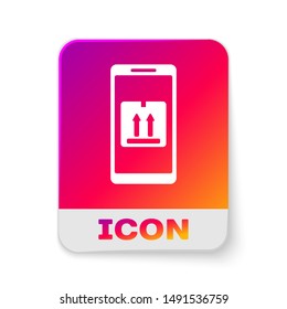 White Mobile smart phone with app delivery tracking icon isolated on white background. Parcel tracking. Rectangle color button. Vector Illustration