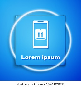 White Mobile smart phone with app delivery tracking icon isolated on blue background. Parcel tracking. Blue square button. Vector Illustration