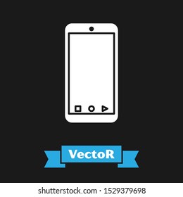 White Mobile smart phone with app delivery tracking icon isolated on black background. Parcel tracking.  Vector Illustration