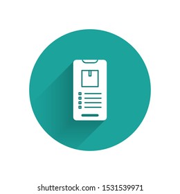White Mobile smart phone with app delivery tracking icon isolated with long shadow. Parcel tracking. Green circle button. Vector Illustration