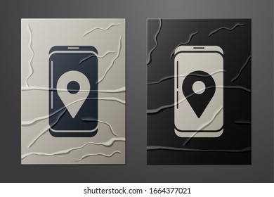 White Mobile smart phone with app delivery tracking icon isolated on crumpled paper background. Parcel tracking. Paper art style. Vector Illustration