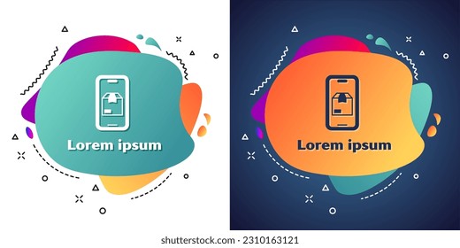 White Mobile smart phone with app delivery tracking icon isolated on white and blue background. Parcel tracking. Abstract banner with liquid shapes. Vector