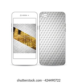 White mobile smartphone with an example of the screen and cover design isolated on white background. Abstract colorful polygonal background, modern stylish triangle vector texture.