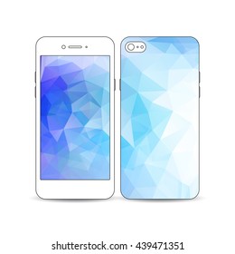 White mobile smartphone with an example of the screen and cover design isolated on white background. Abstract colorful polygonal background, modern stylish triangle vector texture.