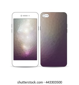 White mobile smartphone with an example of the screen and cover design isolated on white background. Abstract colorful polygonal background, modern stylish triangle vector texture.