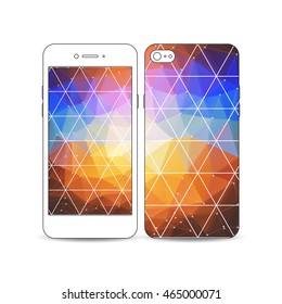 White mobile smartphone with an example of the screen and cover design isolated on white background. Abstract colorful polygonal background, modern stylish triangle vector texture.