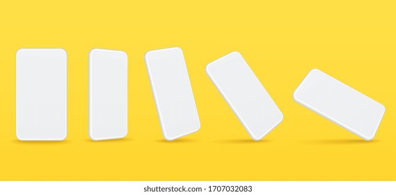 White Mobile Smartphone Mockup With Perspective Views Different Angles Views. Phone Screens With A Blank Display On Yellow Background.