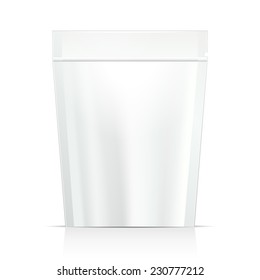 White Mock Up Blank Foil Food Or Drink Doypack Bag Packaging. Plastic Pack Template Ready For Your Design. Vector EPS10