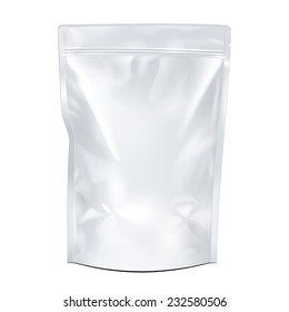 White  Mock Up Blank Foil Food Or Drink Doypack Bag Packaging. Plastic Pack Template Ready For Your Design. Vector EPS10