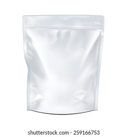 White Mock Up Blank Foil Food Or Drink Doypack Bag Packaging. Plastic Pack Template Ready For Your Design. Vector EPS10