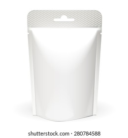 White Mock Up Blank Foil Food Or Drink Doypack Bag Packaging. Plastic Pack Template On White Background Isolated. Ready For Your Design. Vector EPS10 