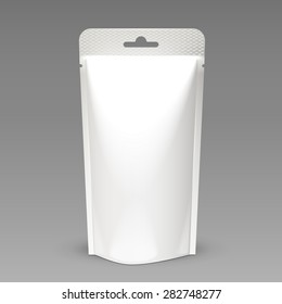 White Mock Up Blank Foil Food Or Drink Doypack Bag Packaging. Plastic Pack Template. Ready For Your Design. Vector EPS10 